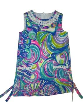 LILLY PULITZER Girls Shift Dress Sleeveless Size 4 Blue Pink Print Summer Resort